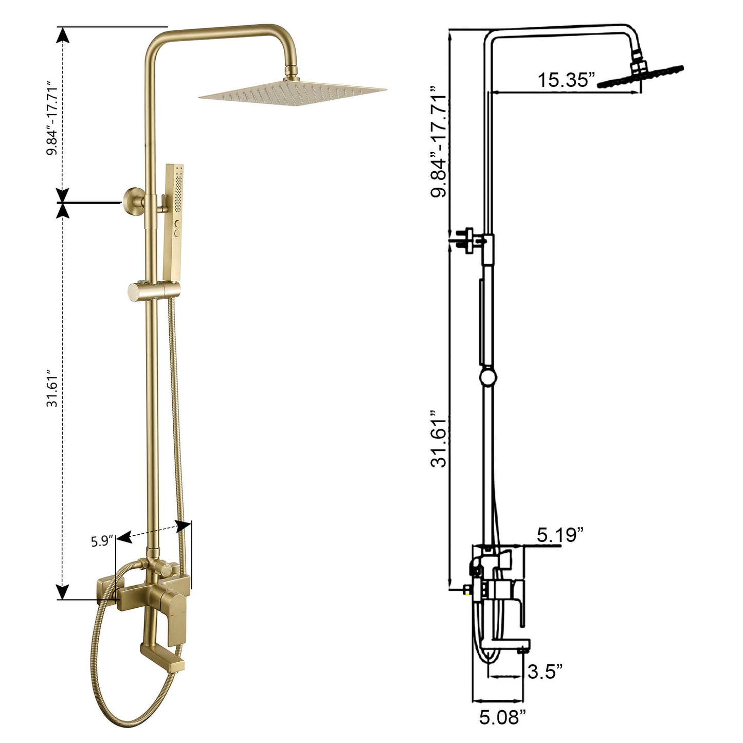 3-Function Shower System with Dual Mode Hand Shower (Jet+Spray) Brushed Gold HG6914BG
