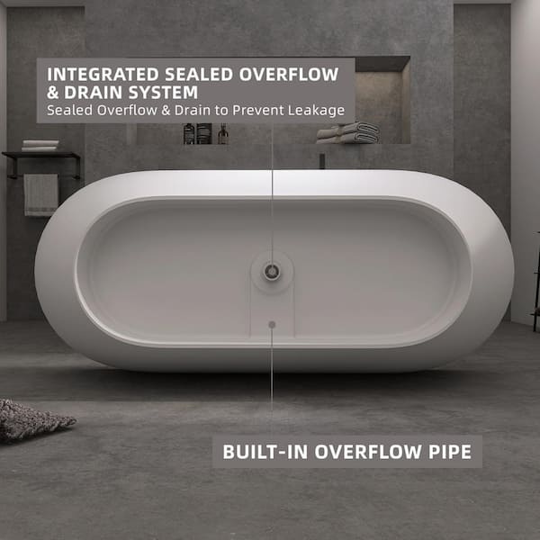69 in. Modern Bathtub Solid Surface Stone Resin Oval-shaped Freestanding Soaking Tub with Pop-up Drain and Hose